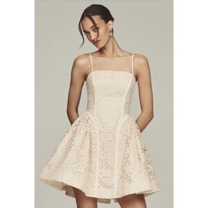 Anthro Lace Basque Waist Mini Dress Ivory Corset Fit Flare 6‎ NWT